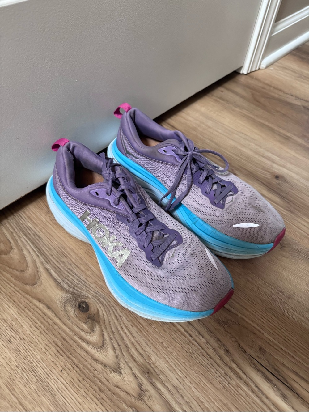 Hoka One One Lavender Running Shoes with Blue Midsole and Pink Pulls